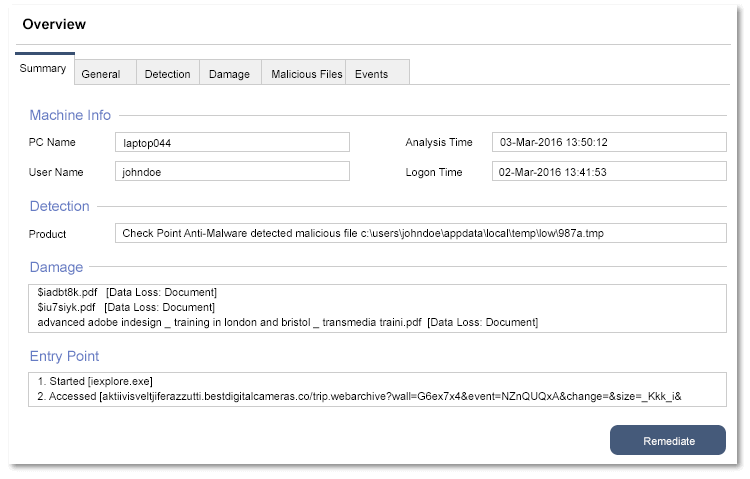 SandBlast Agent endpoint protection screenshot - incident analysis report